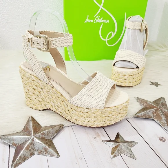 Sam Edelman April platform espadrille sandals Linen Raffia cream size 7.5 NEW - Picture 2 of 9